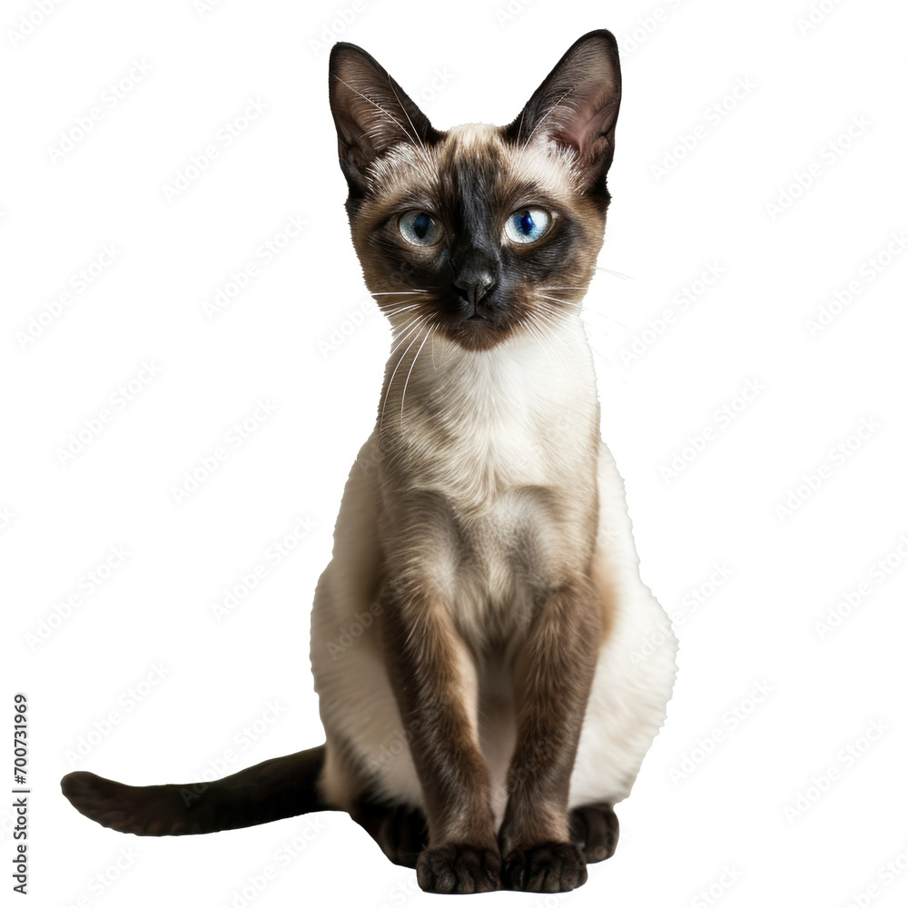 A cute sitting siamese cat, transparent or isolated on white background