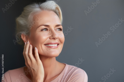 Radiant Middle-Aged Beauty Admiring Her Skin