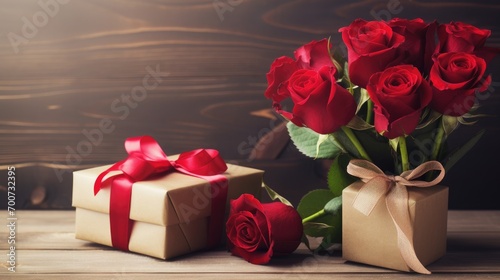 Red roses bouquet on a gift box with ribbon against a rustic wooden background with copy space.