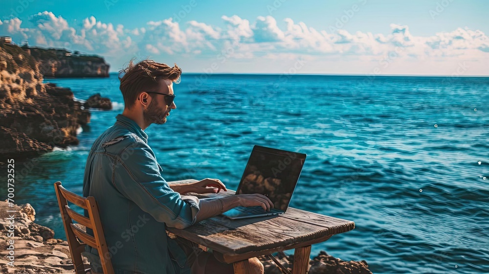 Man on seashore working remotely on computer