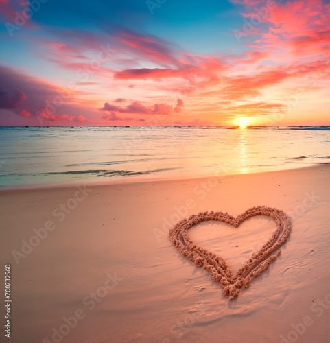 sunset beach Landscape with heart shape in the sand. Valentine´s day, love and wedding concept  © XC Stock