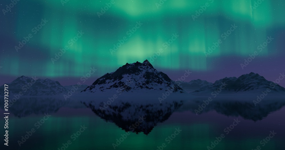 Arctic island and mountains in winter starry night. Aurora covering the sky. 3D rendering.