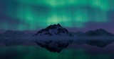Arctic island and mountains in winter starry night. Aurora covering the sky. 3D rendering.