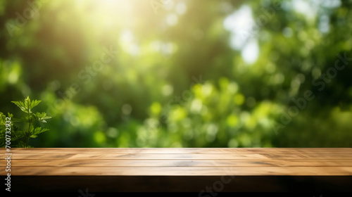 Wooden tabletop foregrounds a blurred greenery backdrop in bright, natural light.