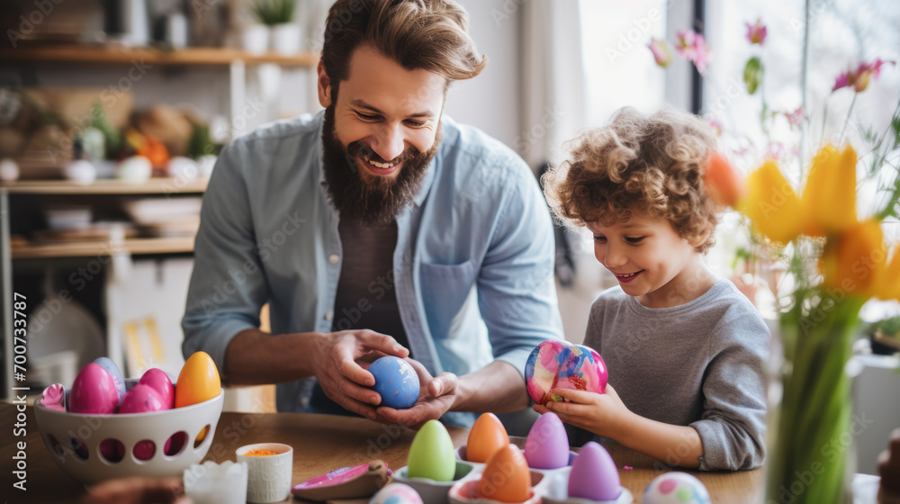 Portrait of a man and a young child with bunny ears, smiling and engaging in Easter festivities, likely painting Easter eggs Portrait of a man and a young child with bunny ears, smiling and engaging in Easter festivities, likely painting Easter eggs