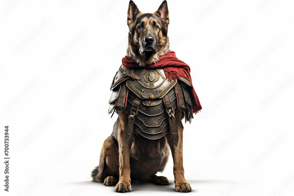 Fototapeta premium Armoured dog close-up portrait on a white background. 