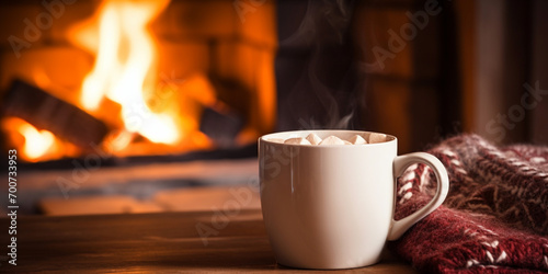 Mug of hot drink and wool scarf on wooden table in front of fireplace. Hygge and cozy home concept. AI Generative 