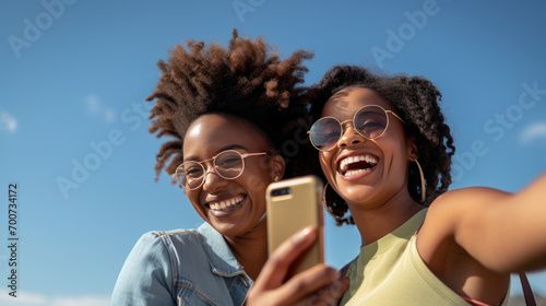 Two joyful African American women with sunglasses taking a selfie together, smiling brightly and enjoying the outdoors on a sunny day.