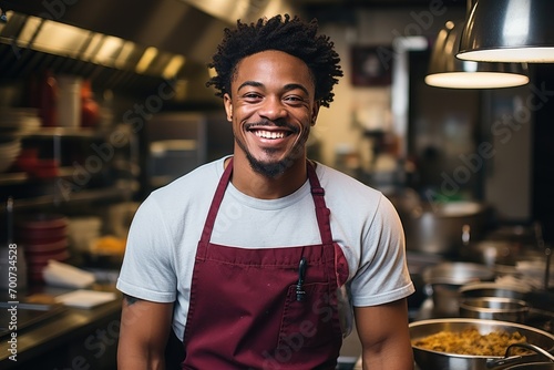 Cheerful black chef smiling standing in a commercial kitchen 