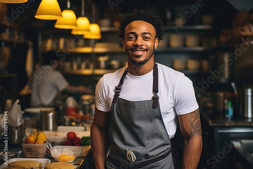 Smiling black chef with tattoo