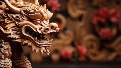 Chinese golden dragon on red background, space for text.