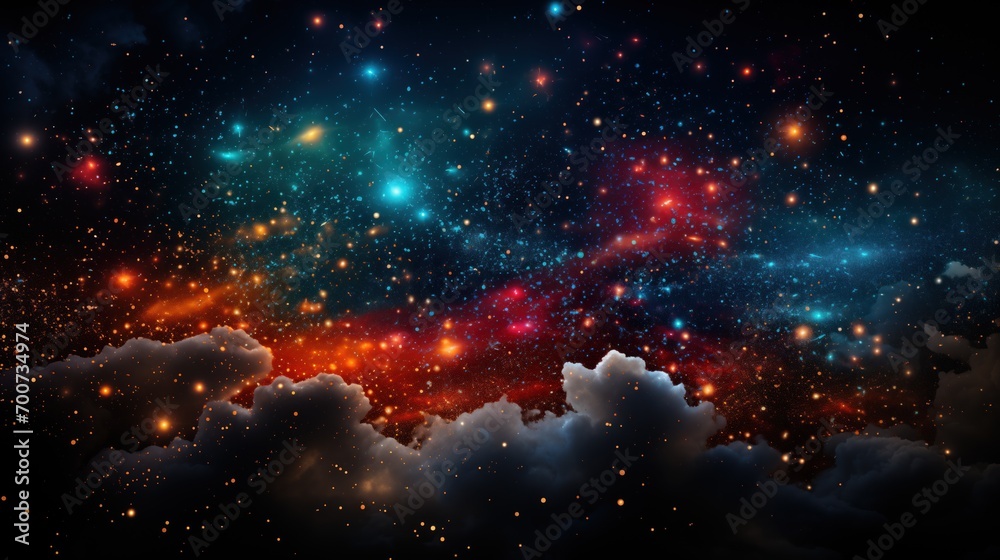 abstract, cosmic clouds scattered across a starry sky, depicting the ethereal beauty of an interstellar journey through vibrant and dreamlike galaxy art.