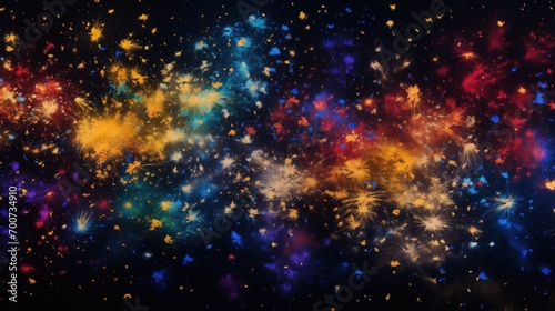 abstract digital artwork simulates a cosmic celebration with fireworks exploding in a galaxy of colors  dynamic and joyous scene  a festive light show