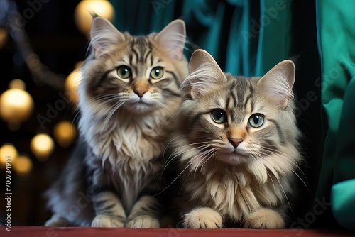 Kittens standing near the green curtains © familymedia
