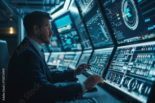 A business man confidently handles tasks and processes information on a significant screen, surrounded by the technological infrastructure of a contemporary office.