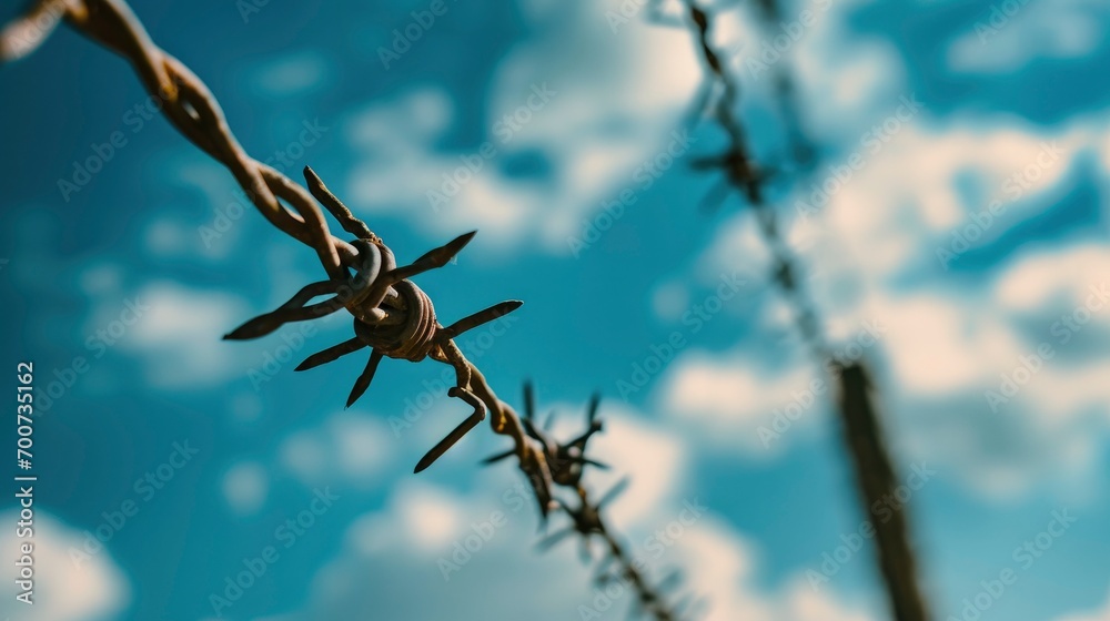 Barbed wire in front of blue sky with cloud Barbed wire in front of blue sky with cloud