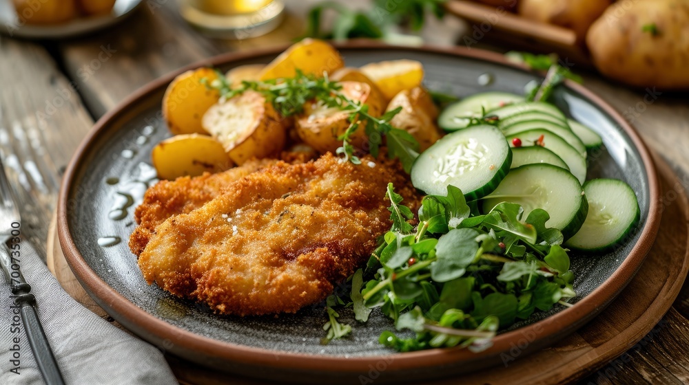 Classic fried schnitzel served with potato and cucumber salad on a rustic modern plate Classic fried schnitzel served with potato and cucumber salad on a rustic modern plate