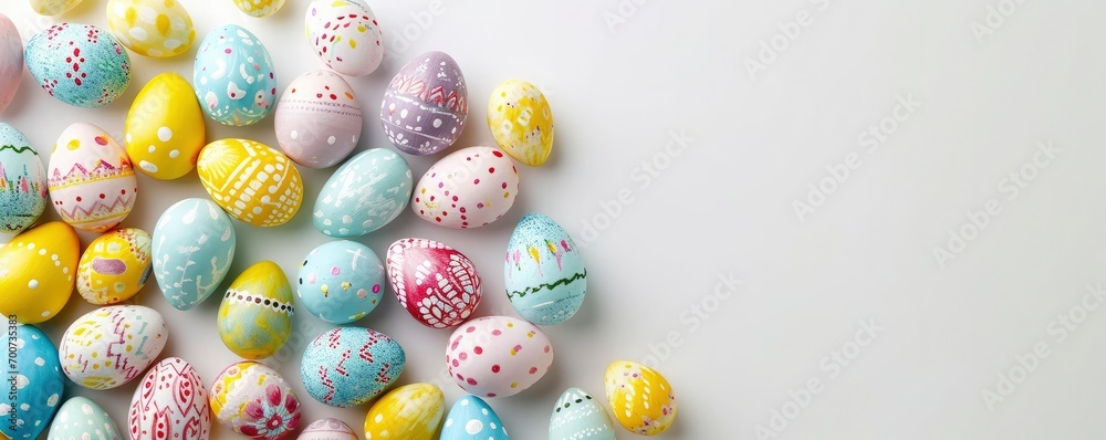 Easter banner with colorful Easter Egg double side border over a white background. Top view with copy space. Easter banner with colorful Easter Egg double side border over a white background. Top view with copy space.