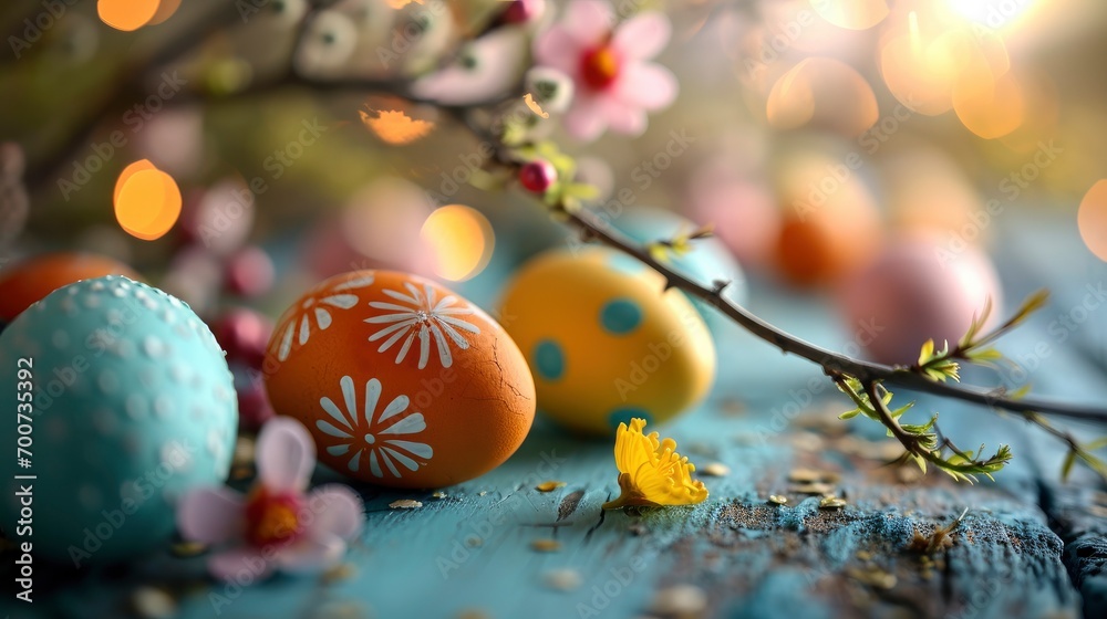 Close up easter eggs on a blue color wooden table against a bokeh background easter celebration Close up easter eggs on a blue color wooden table against a bokeh background easter celebration
