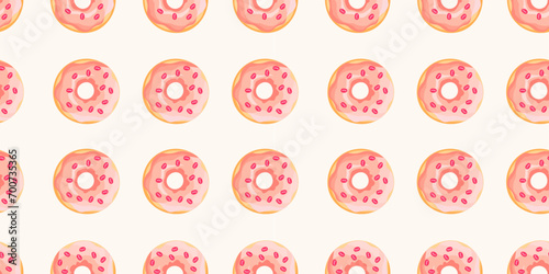 Seamless donuts pattern with pink glaze. Cartoon cute background. Vector illustration for packaging, banner, poster, menu in the bakery. 