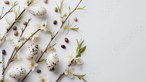 Flat lay easter composition with a willow branch and eggs on a white background