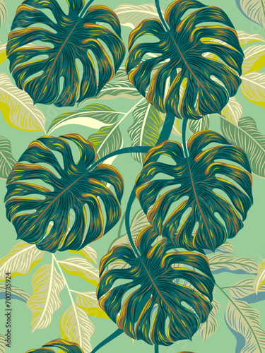 Hand drawn seamless pattern with beautiful tropical leaves. Vector illustration, retro style. Can be used for embroidering works, wallpaper, etc.
