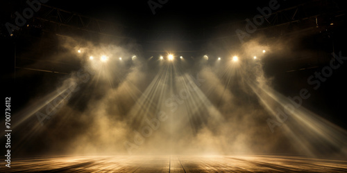 stage light with colored spotlights and smoke concert and theatre dark scene Empty stage with spotlights. 3d rendering toned image, Empty Stage Background, fog, photo mockup. AI Generative  © Kalsoom