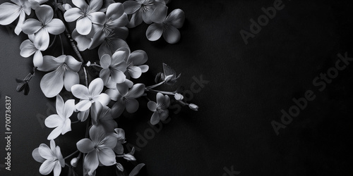 Blumenblüten in weiß zum Hochzeitstag und Geburtstag in schwarz weiß im Querforrnat für Banner, ai generativ photo