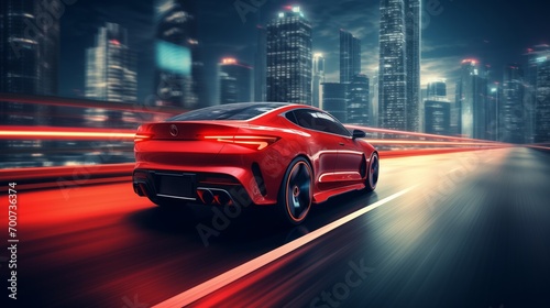 Back view of bright red futuristic car driving in highway in the modern city with cityscapes, with high speed, blurred background