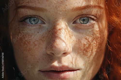 Close up of a woman with freckles and beautiful blue eyes - serious look redhead girl