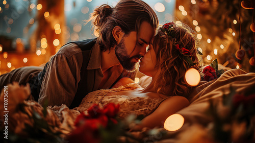 a man and a woman kissing on bed with roses  in the style of candid celebrity shots  light gold and red  vacation dadcore  beautiful women  warmcore  light-focused  manapunk created by ai