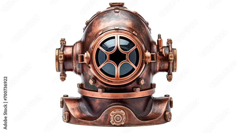 Fototapeta premium Old copper diving helmet isolated on white or transparent background