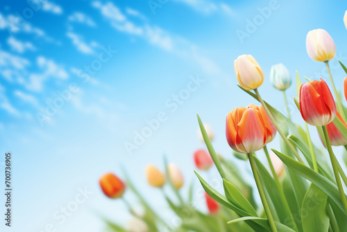 Spring flowers on a soft blue background in the foreground on the right  red tulips for mother s day. Spring card. Background for summer and spring. Generative AI