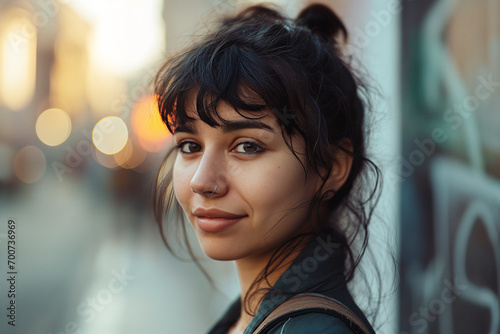 Portrait of a young woman in the street.