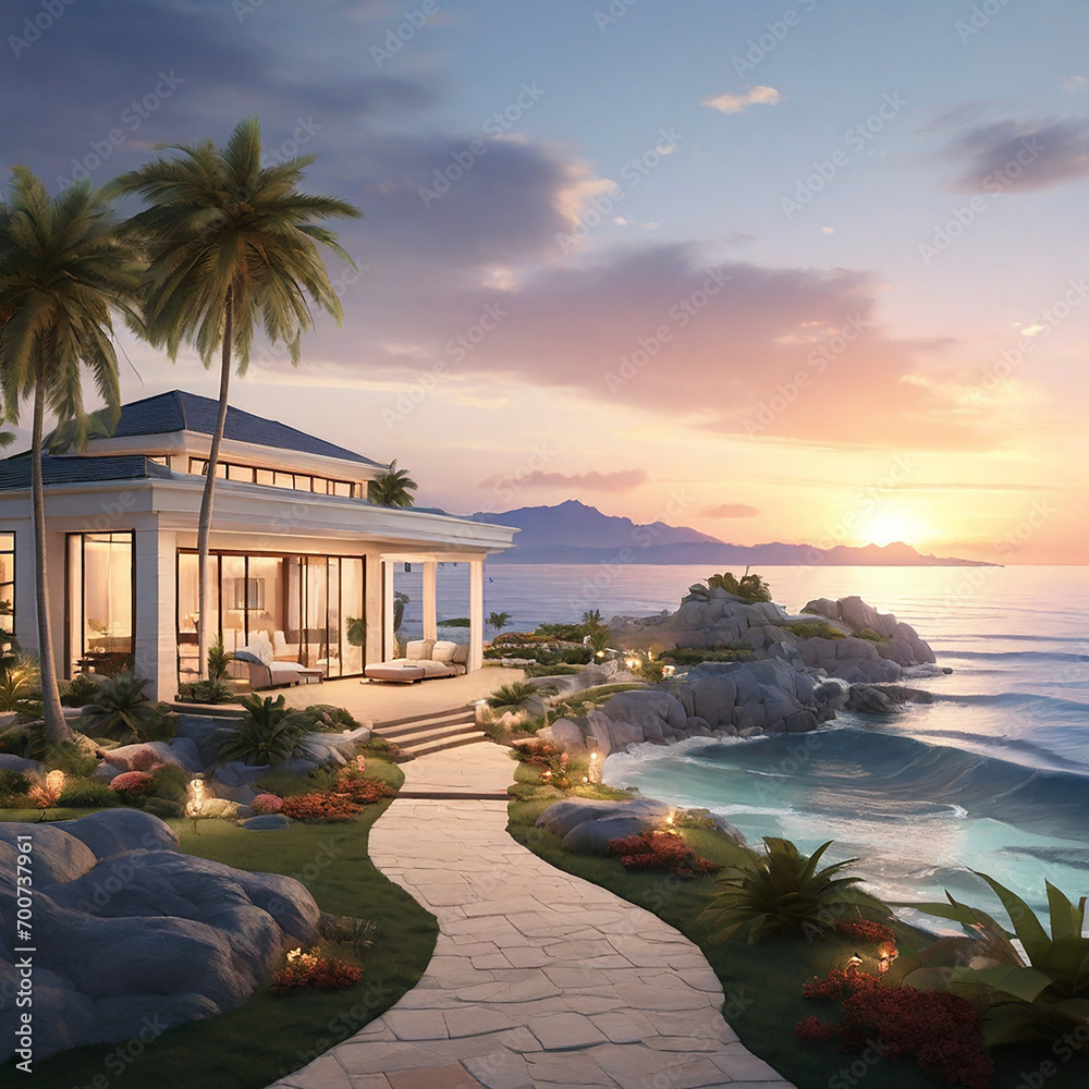 A beachfront home with views of the mountains and ocean in the distance ai generated photo
