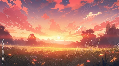 illustration of a view of a flower field in spring at dusk