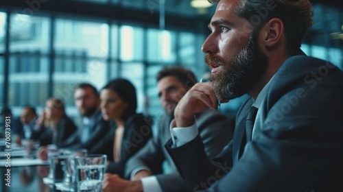 Businessman in a sleek suit, discussing project details with a diverse team in a high-tech meeting room, captured in high definition.