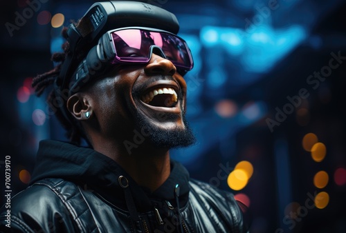 African man wearing a vr headset in front of a bright neon background photo