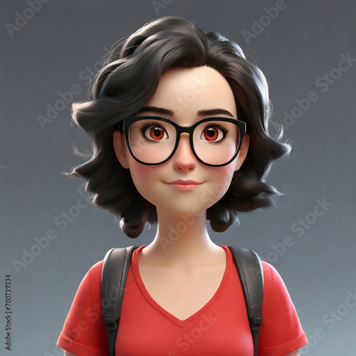 3D Cartoon character of a girl with black glasses and a red top