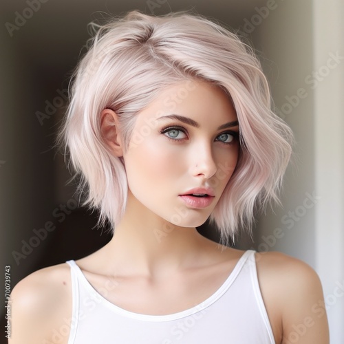 Young blonde girl with short hair and healthy glowing ideal facial skin