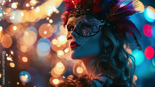 Beautiful young woman in carnival mask and stylish masquerade costume with feathers and sparklers in colorful bokeh on black background. Christmas, New Year, celebration. Festive time, dance, party.