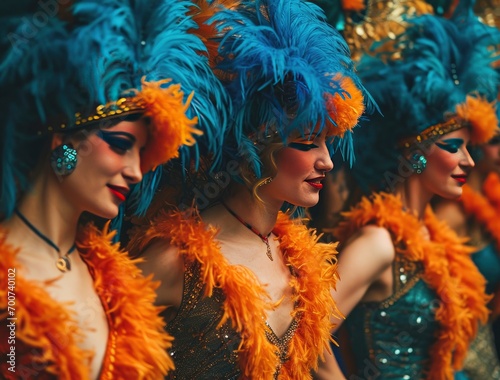 Carnival dancers with blue and orange feather