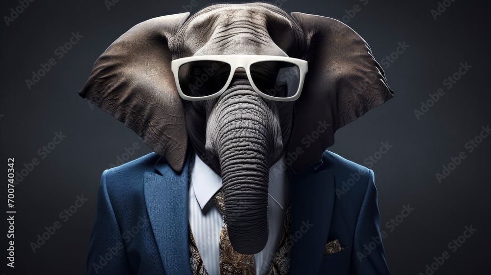 Elephant is wearing a suit and sunglasses