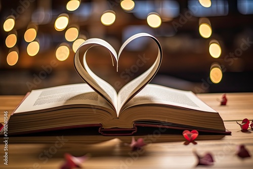 Open Book in Heart Shape on Library Table for World Book Day and Valentine’s Day