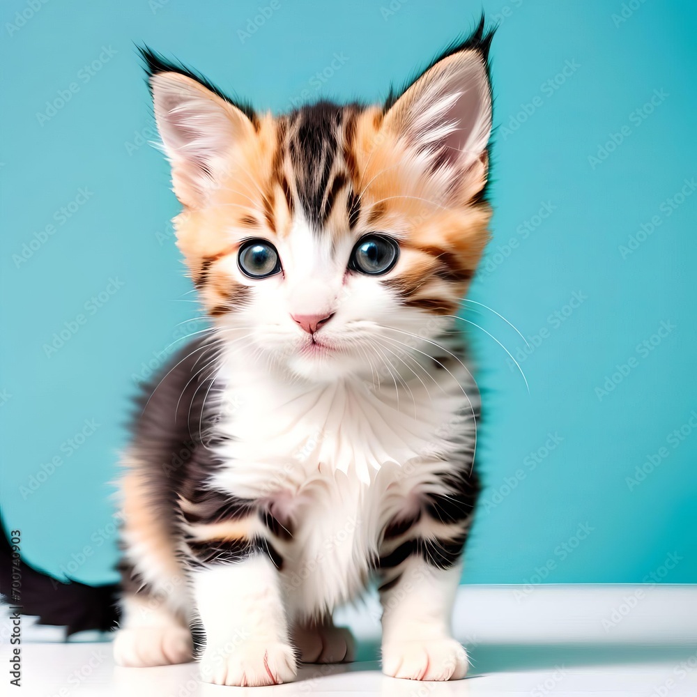 Cute little kitten on blue background. Generative AI.