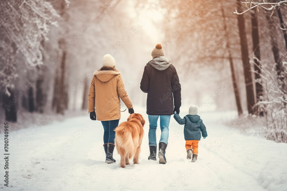 family with their dog in the snow