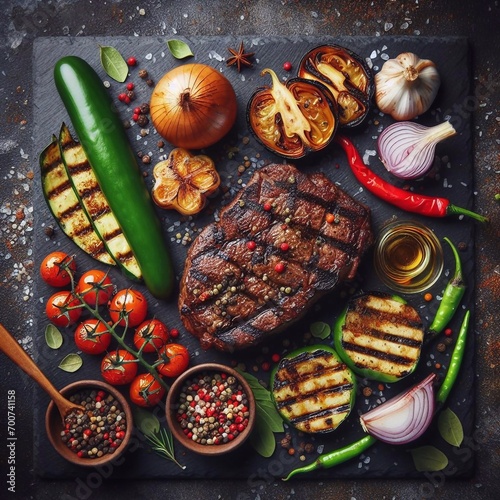 Grilled vegetables, meat, pepper. AI generated illustration