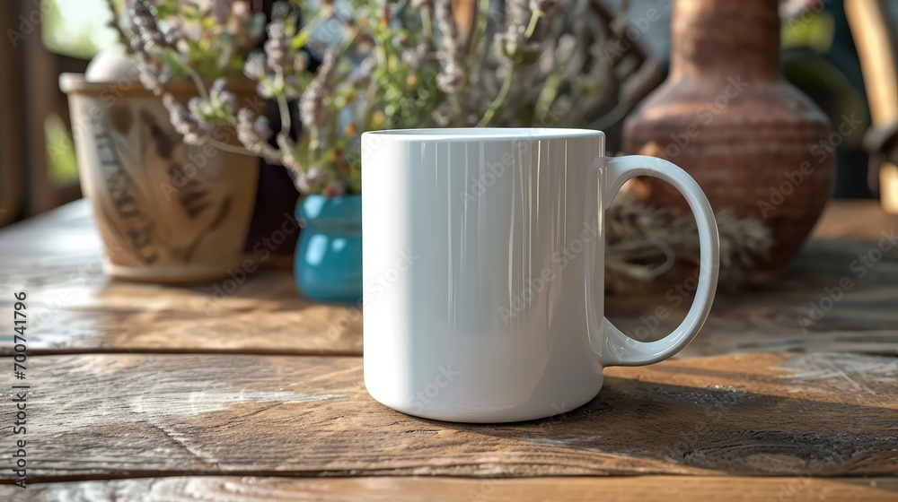 White cup on a wooden table. AI generated. White cup on a wooden table. AI generated.
