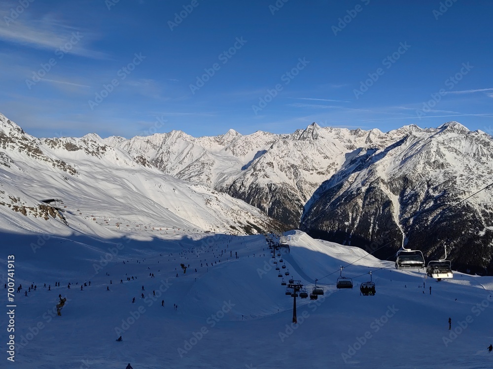 Ski slopes and chairlift in the Tiroler Alps in the Soellden ski area. Austria.
