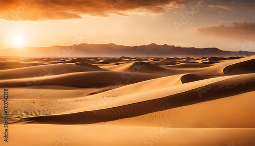 Layers of sandy beige and golden hues interplay, creating a timeless desert scene. The artwork captures the essence of shifting sands and endless dunes